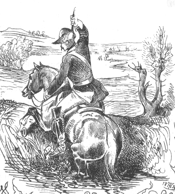 Nineteenth-century engraving of Baron Münchhausen on horseback, sunk in a swamp, hauling himself and the horse upward by his own pigtail.