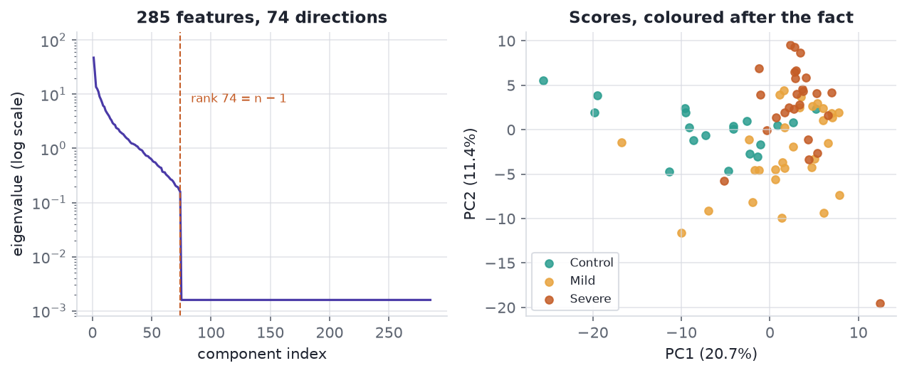 Two panels. The left is a log-scale plot of eigenvalue against index for 285 components, decaying smoothly then dropping off a cliff at index 74 to a flat floor. The right is a scatter of 75 points on two principal components, coloured in three groups that overlap substantially.