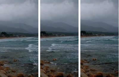 Tres fotogramas de un vídeo de una tormenta en l'Almadrava, separados por dos segundos; las olas cambian de un fotograma a otro, y eso es lo que hace que el eje temporal lleve información.