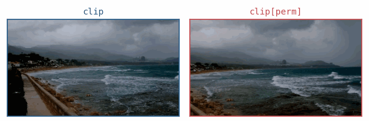Two video panes side by side, both cycling through the same eight frames of a storm at a rocky shore. The left pane, labelled clip, plays them in order and the swell builds steadily. The right pane, labelled clip permuted, plays the identical frames in a shuffled order and the sea jumps between shots.