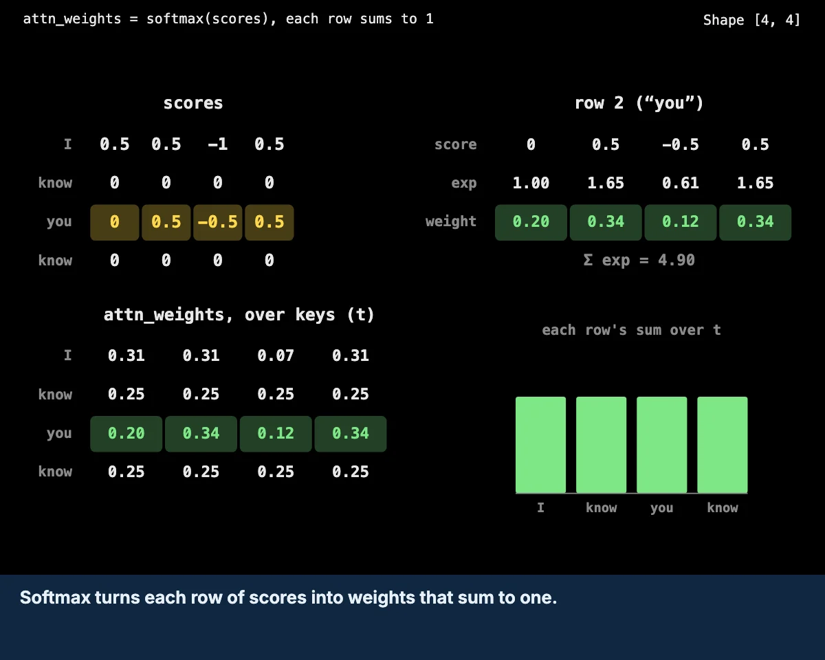 Open the widget: attention scores turned into weights that sum to one