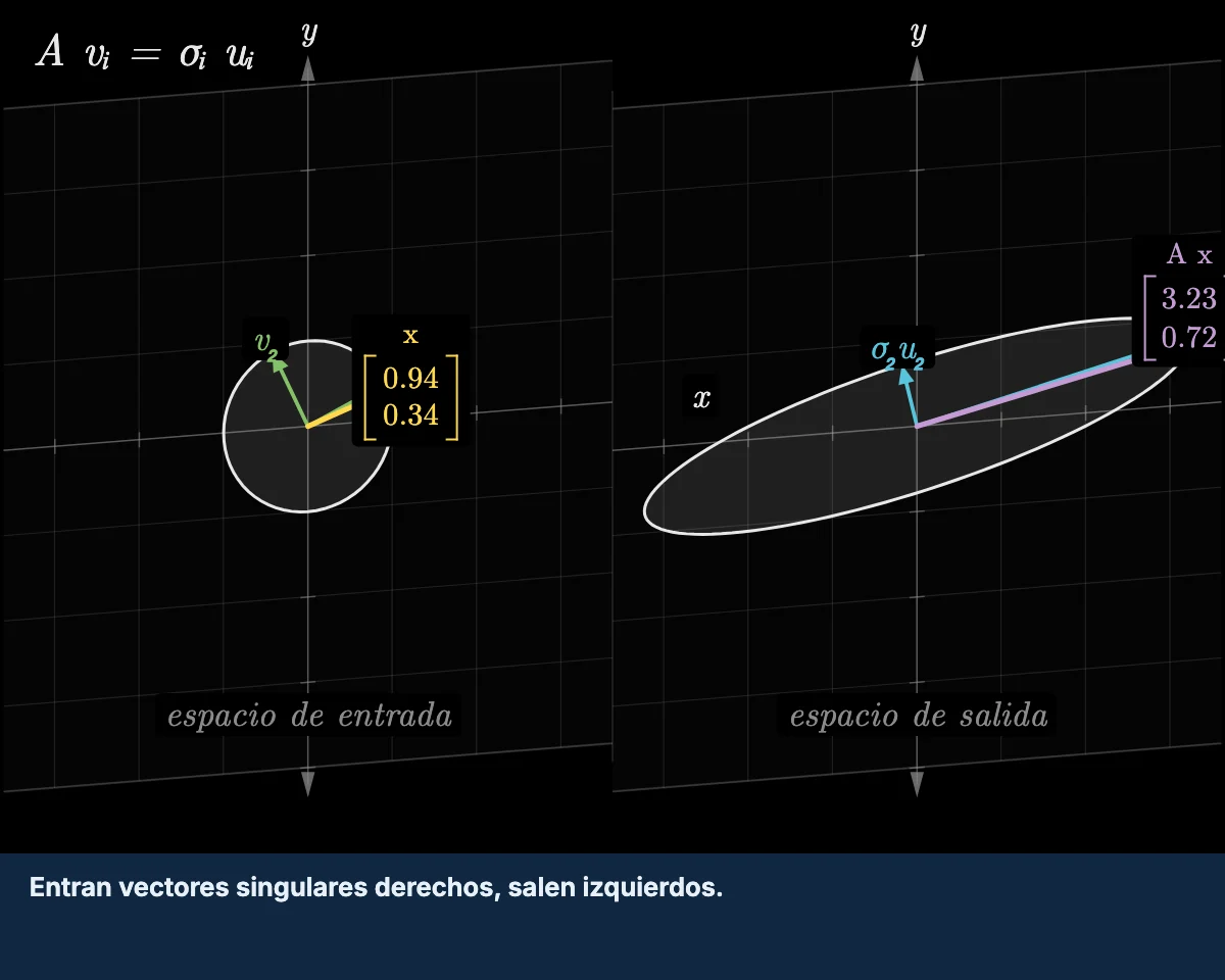 Abrir la herramienta: el círculo unitario que una matriz convierte en una elipse, con sus vectores singulares