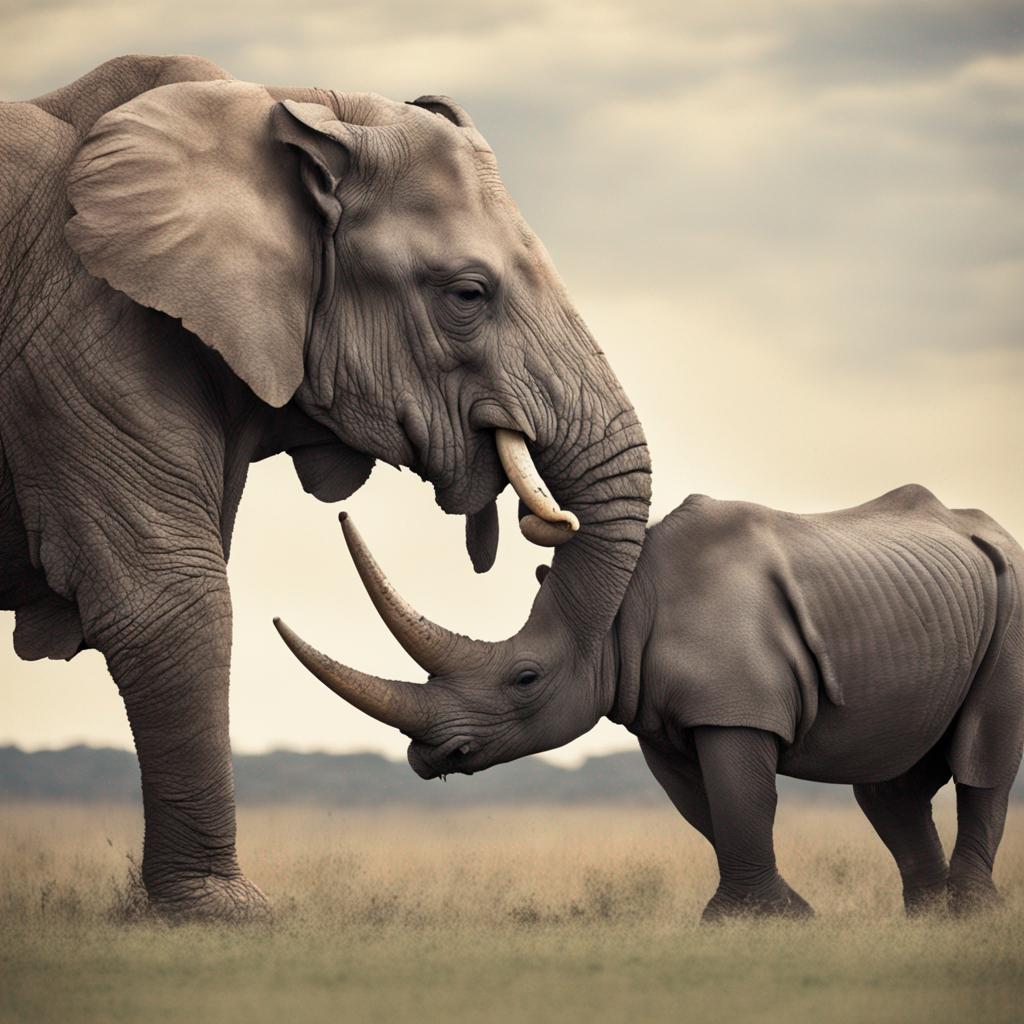 An elephant and a rhinoceros facing each other on the savannah — ivory and horn