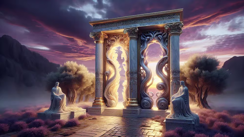 The gates of horn and ivory: a classical stone gateway at dusk, one opening carved in glowing ivory, the other in swirling horn